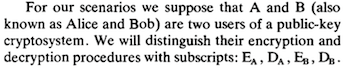 Detail of RSA paper, mentioning Alice and Bob